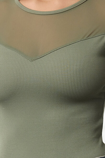 Trendyol Collection Flexible Corded Khaki Body - Tulle Detail with Snap Fasteners, Heart Collar Twoaw24Bd00019