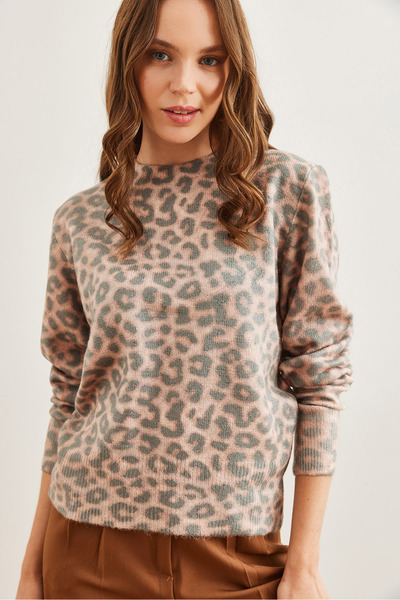 Olalook Kadın Mint Leopar Bisiklet Yaka Desenli Yumuşak Dokulu Premium Triko Kazak KZK-19000611