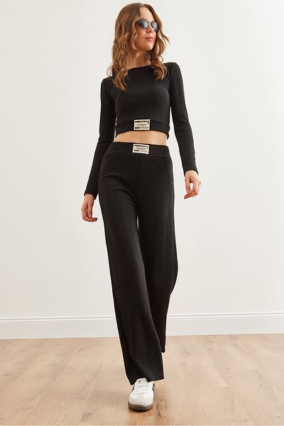 Olalook Women's Black Textured Embroidered Bottom Top Draped Suit Tkm- 19000314