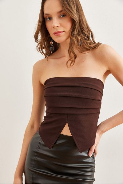 Olalook Bitter Brown Strapless Drape Blouse - Blz- 19002759