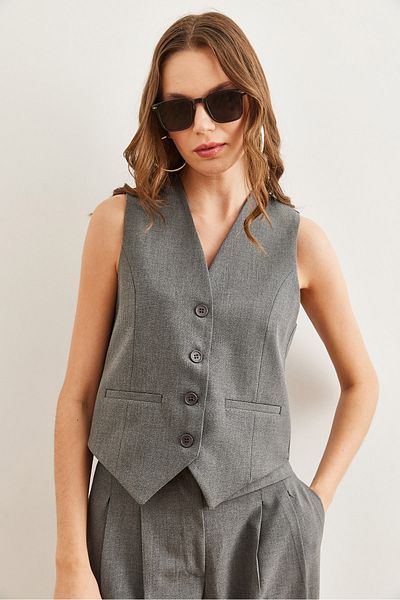 Olalook Women's Smoked Fleto Pocket Buttoned Lined Premium Vest YLK- 19000032