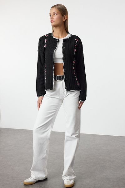 Trendyol Collection Knitwear Cardigan - Black with Embroidery Detail, Twoaw25Hi00026