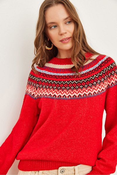 Olalook Women's Red Collar Patterned Soft Textured Knitwear Sweater Kzk- 19000846