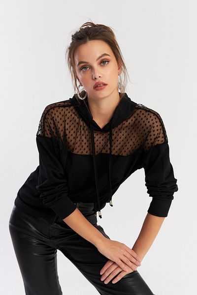 Cool & Sexy Dámská černá tylová mikina s kapucí Ey2934