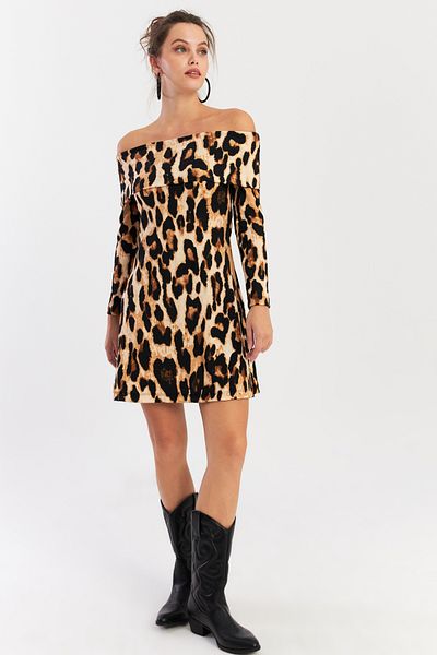 Cool & Sexy Damen-Minikleid in Camel-Schwarz mit Madonna-Kragen und Leopardenmuster EY2915
