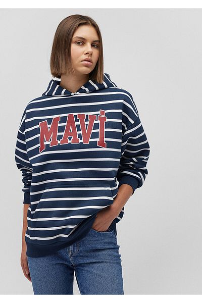Mavi Marineblaues, gestreiftes Sweatshirt mit Logo-Aufdruck – 1s10118-81518