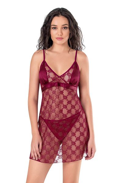 PRIMODA 4128ModelBurgundy Short Tulle Nightgown