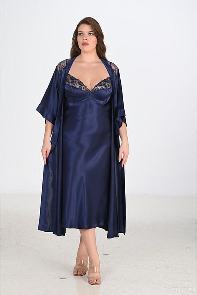 AHU 2-Piece Navy Blue Dressing Gown Set Big Size 6228