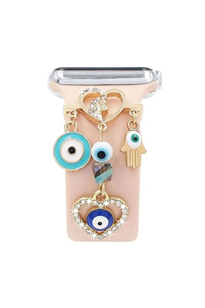Microsonic Apple Watch SE 3 44mm Kordon Süsü Charm Kalp Ve Nazar Boncuğu