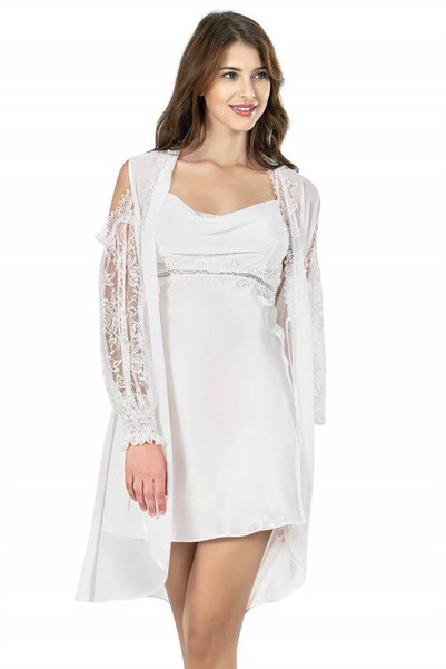 AHU Ecru Satin Short Double Dressing Gown and Nightgown Set - 7625