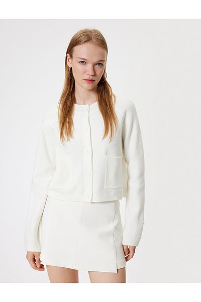 Koton Knitwear Cardigan Crew Neck Buttoned Pocket Detailed Long Sleeve