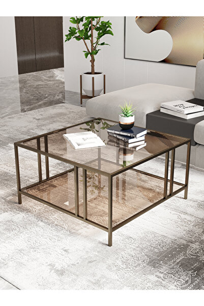Dekoport Bakü Orta Sehpa Prinç Eskitme Rengi Bronz Cam 75*75 Çift Camlı Orta Sehpa