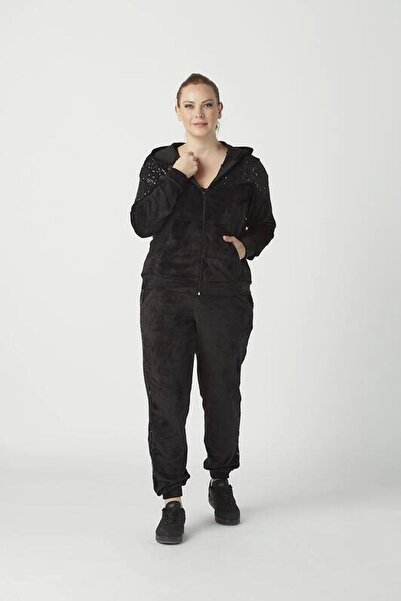 Moda Berray 1927 Siyah Tam Kalıp Tarz Kapüşonlu Kadife Büyük Beden Eşofman Ta...