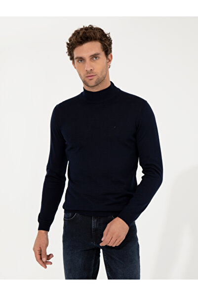 Cacharel Navy Blue Slim Fit Half Fisherman Basic Knitwear Sweater 50257711-Vr033