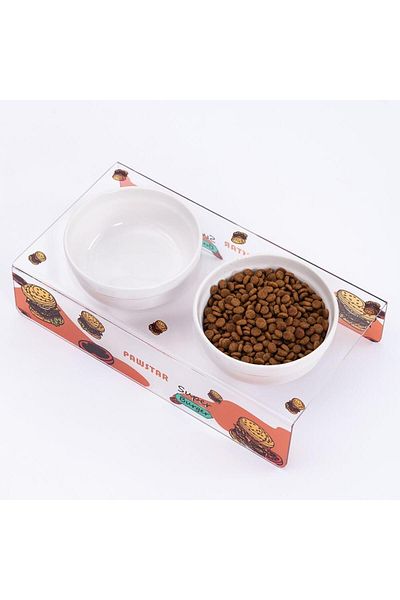 Pawstar Super Burger Double Ceramic-Plexi Food and Water Bowl - Cat Dog Food Water Bowl