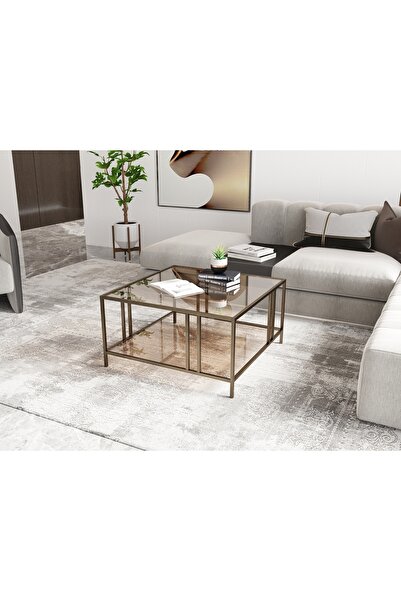 Dekoport Bakü Orta Sehpa Prinç Eskitme Rengi Bronz Cam 75*75 Çift Camlı Orta Sehpa