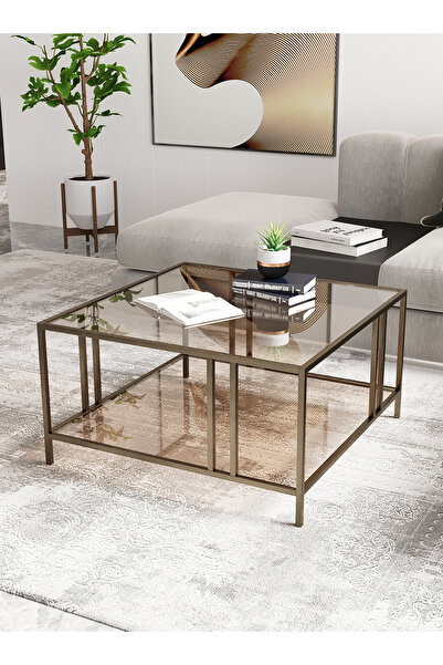 Dekoport Bakü Orta Sehpa Prinç Eskitme Rengi Bronz Cam 75*75 Çift Camlı Orta Sehpa
