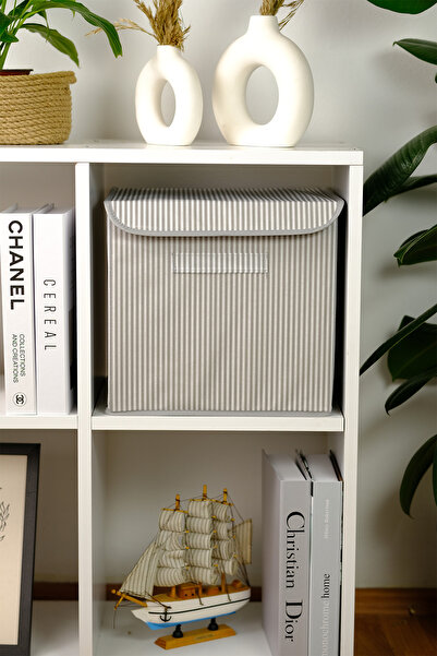 PRENDİ HOME Gri Çizgili Kapaklı Ofis Yatak Odası Oyuncak Havlu Saklama Kutusu Düzenleyici 30x30x30