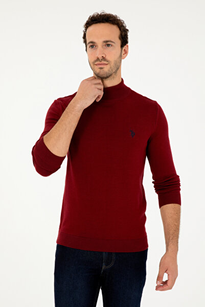 U.S. Polo Assn. Erkek Slim Fit Yarım Boğazlı Bordo Basic Kazak 50293499-VR014