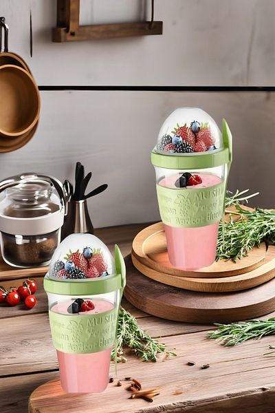 Open Home Concept 600ml Capacity - 2 Pcs Yogurt Muesli Salad Fruit Storage Container with Fork and Spoon for Diet and Breakfast