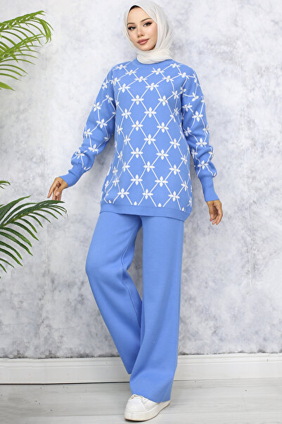 benguen Blue Floral Patterned Stone Knitwear Set - 6212