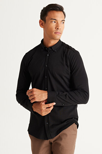 ALTINYILDIZ CLASSICS Men's Black Slim Fit Narrow Cut Button Collar Pique Patt...