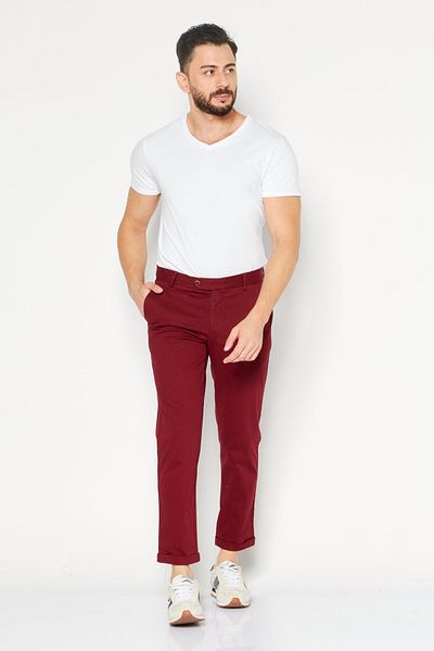 ZNT18 Men Regular Fit Plain Chino Pants, Dark Red