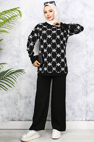 benguen 6212 Floral Patterned Stone Knitwear Set Black