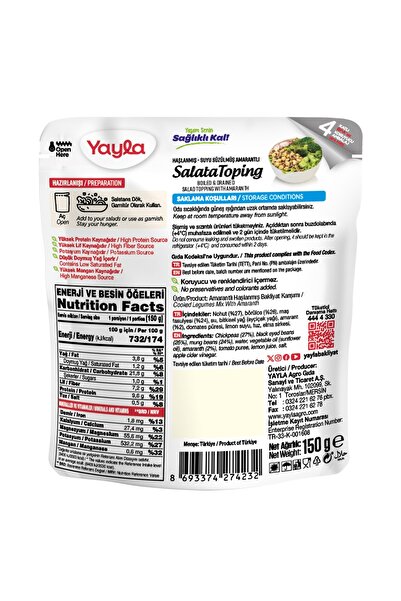 Yayla Haşlanmış Suyu Süzülmüş Amarantlı Salata Toping 150 gr