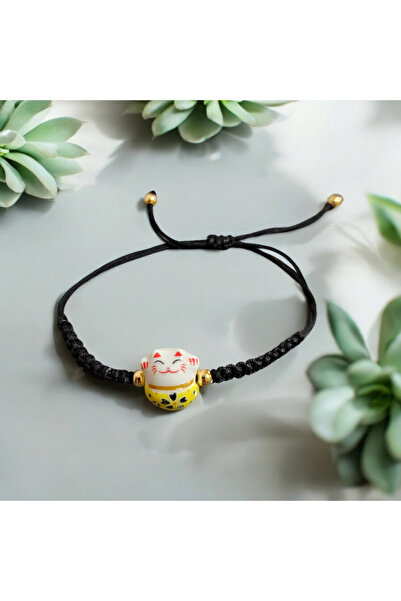 BYDC Maneki Neko Şans Kedisi Seramik Örgülü Ayarlanabilir Şans Bilekliği Lucky  Sarı Siyah