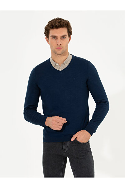 Cacharel Lacivert Slim Fit V Yaka Basic Triko Kazak 50211259-VR033