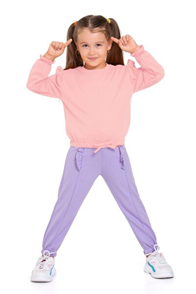 zepkids Crew Neck Long Sleeve Trousers with Stitching Detail Salmon Navy Color Girl's Tracksuit Set