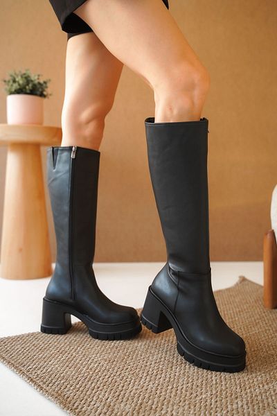 MODAADAM Cizme cu toc pentru femei Casper Platform - Piele Neagra