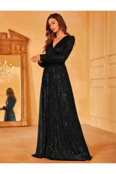 MODAS UZUN KOL KRUVAZE YAKA PUL PAYET ABİYE ELBİSE