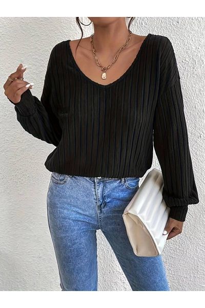 Kokosh moda Γυναικεία μακρυμάνικη λαιμόκοψη V-λαιμόκοψη παράθυρο πίσω δαντέλα Λεπτομέρεια χοντρή ριμπ μπλούζα καμιζόλα