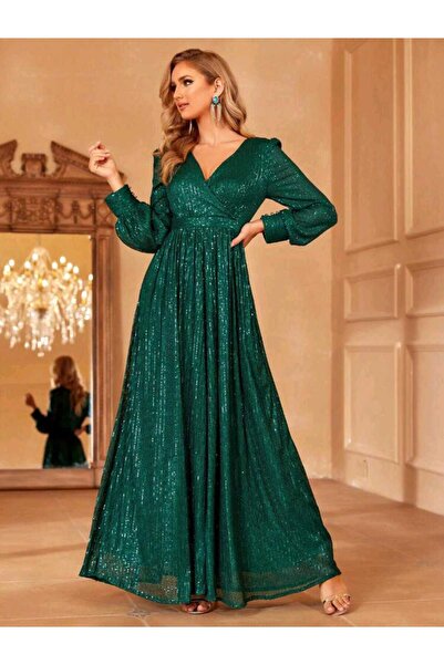 MODAS UZUN KOL KRUVAZE YAKA PUL PAYET ABİYE ELBİSE