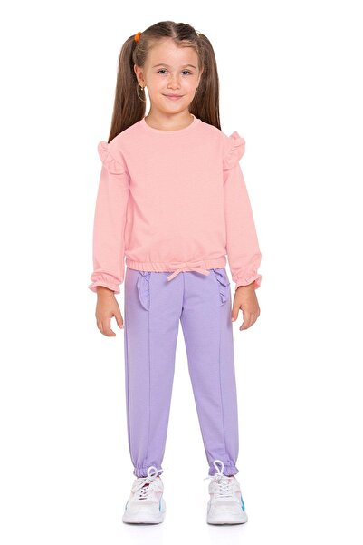 zepkids Crew Neck Long Sleeve Trousers with Stitching Detail Salmon Navy Color Girl's Tracksuit Set