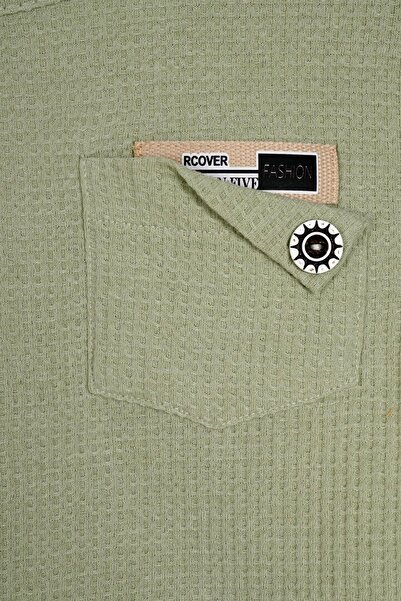 zepkids Crew Neck Long Sleeve Embroidered Sleeve and Elastic Leg Cagla Green Color Boy's Double Set