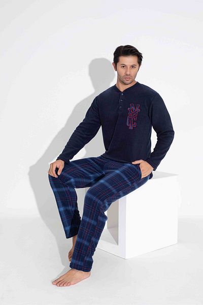 MİRELLA Men's Plaid and Square Patterned Long Sleeve Fleece Fabric Winter Warm Pajama Set
