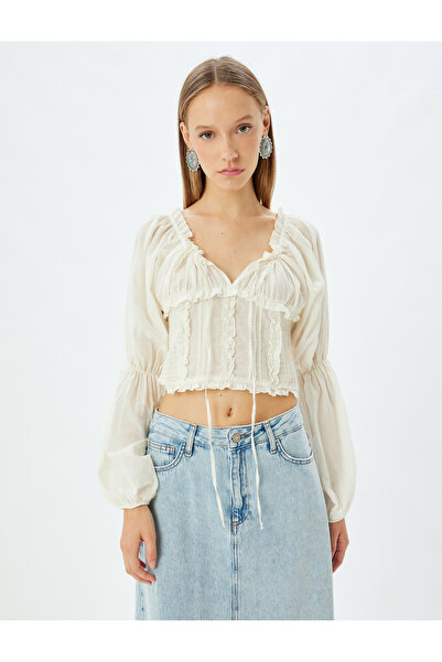 Koton Madonna Collar Off-The-Shoulder Crop Blouse Balloon Sleeve Gipeli Slim Fit