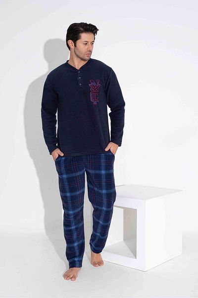 MİRELLA Men's Plaid and Square Patterned Long Sleeve Fleece Fabric Winter Warm Pajama Set