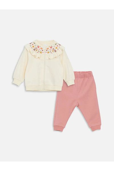 LC Waikiki Lcw Baby Cream Color Floral Baby Girl Cardigan and Pants Set of 2