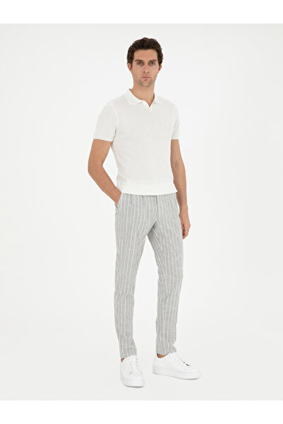 Cacharel Açık Gri Dad Fit Çizgili Keten Karışımlı Pantolon 50284601-VR001