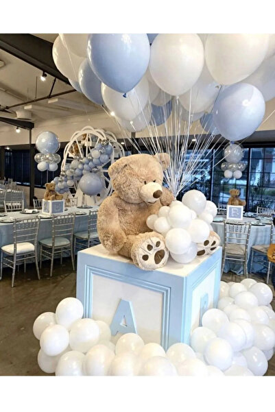 Lema Store 50 adet beyaz mavi balon konsept doğum ( ayıcık dahil değildir :)