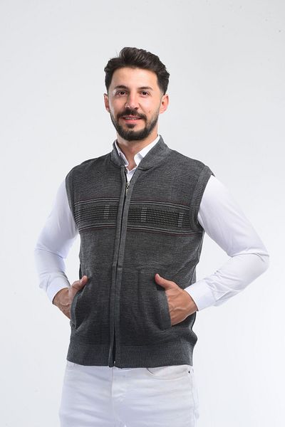 HEDEFNUR TEKSTİL Steel Knitted Zippered Vest Father Vest with Pockets