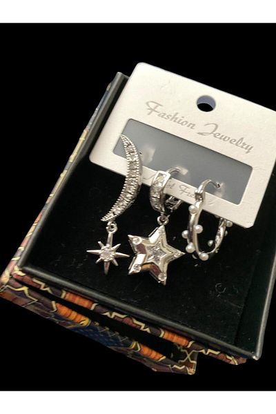 STAİNLES Star-Moon Patterned 3-Piece Earrings