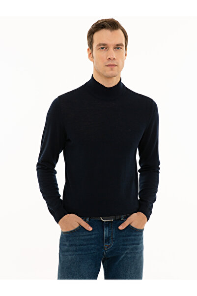 Cacharel Navy Blue Slim Fit Half Fisherman Basic Knitwear Sweater 50229754-Vr033