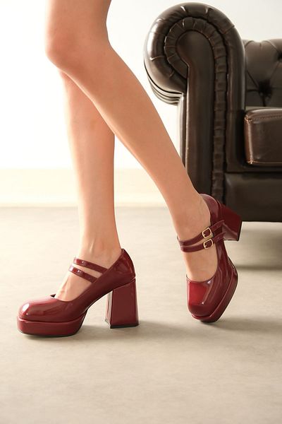 MODAADAM Claret Red-Patent Leather Women's Platformed Forlan Heeled Shoes