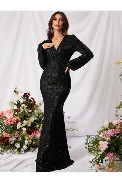 MODAS V YAKA UZUN KOLLU PUL PAYET ABİYE ELBİSE