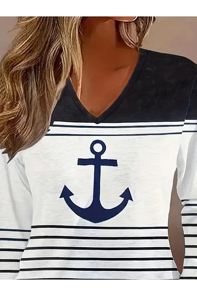 Trendusfashion Μπλούζα κατάδυσης με μακρυμάνικη λαιμόκοψη V με στάμπα